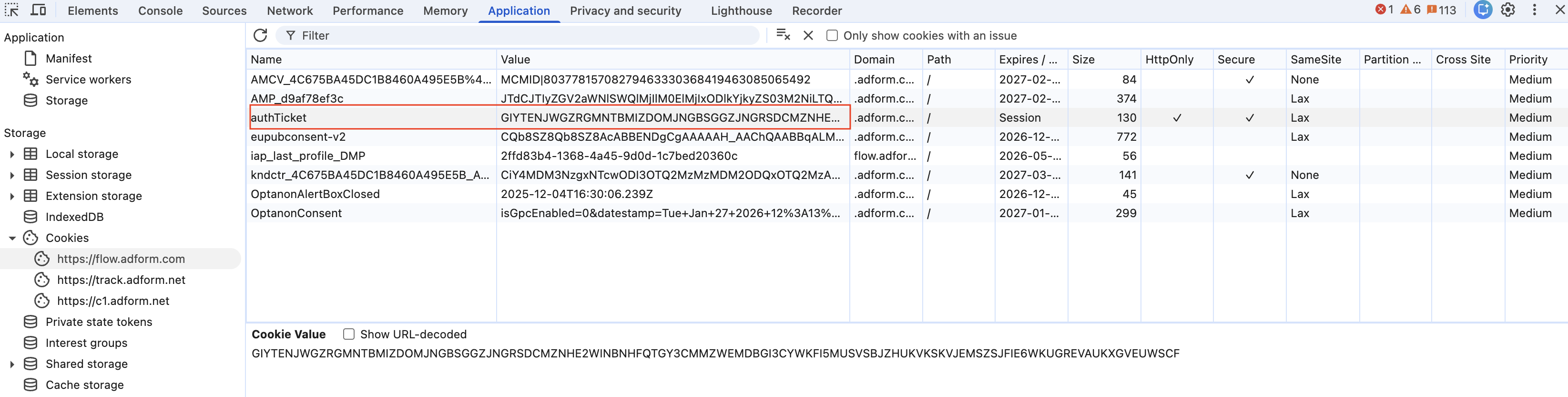 Chrome DevTools Application tab showing the authTicket cookie under https://flow.adform.com